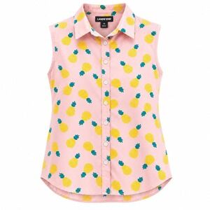 Lands End‎ Womens Pink Pineapple Print No Iron Supima Cotton Sleeveless Shirt 18